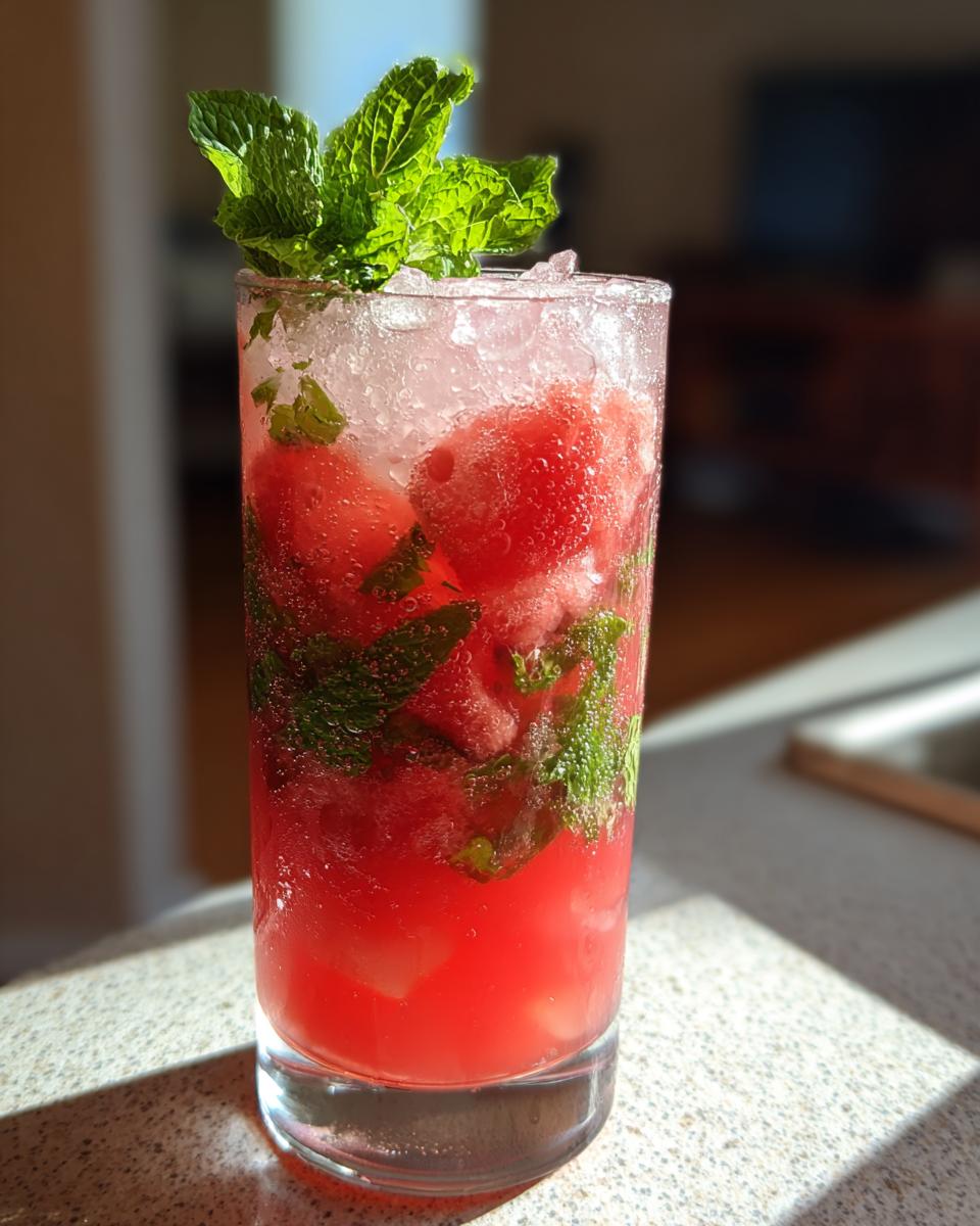 A tall glass filled with a bright red watermelon mint mojito, crushed ice, watermelon balls, and fresh mint leaves.