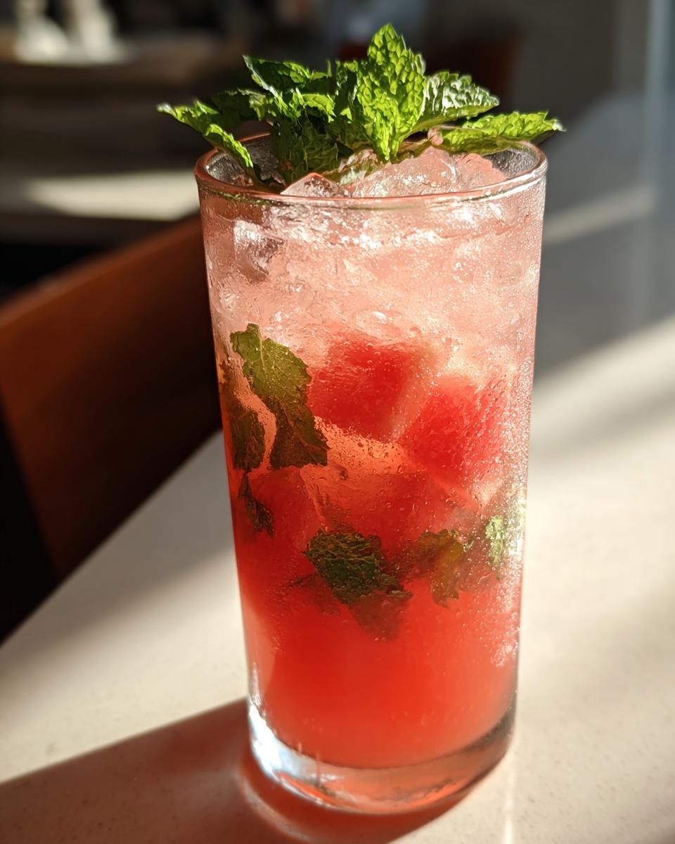 Close-up of a tall glass filled with a vibrant watermelon mint mojito, crushed ice, and fresh mint garnish.