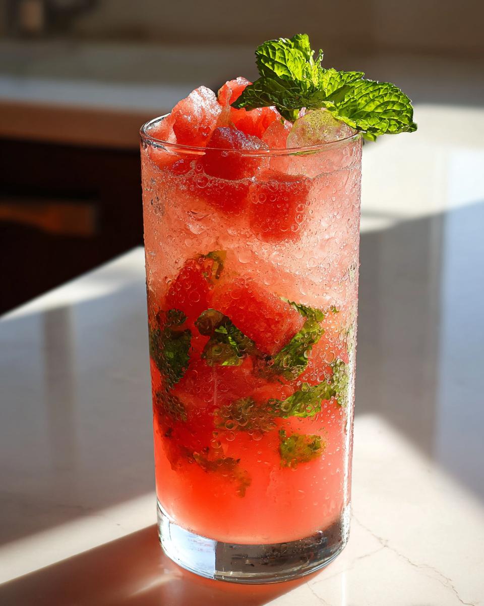 Close-up of a tall, sweating glass filled with a vibrant watermelon mint mojito, ice, and fresh mint garnish.