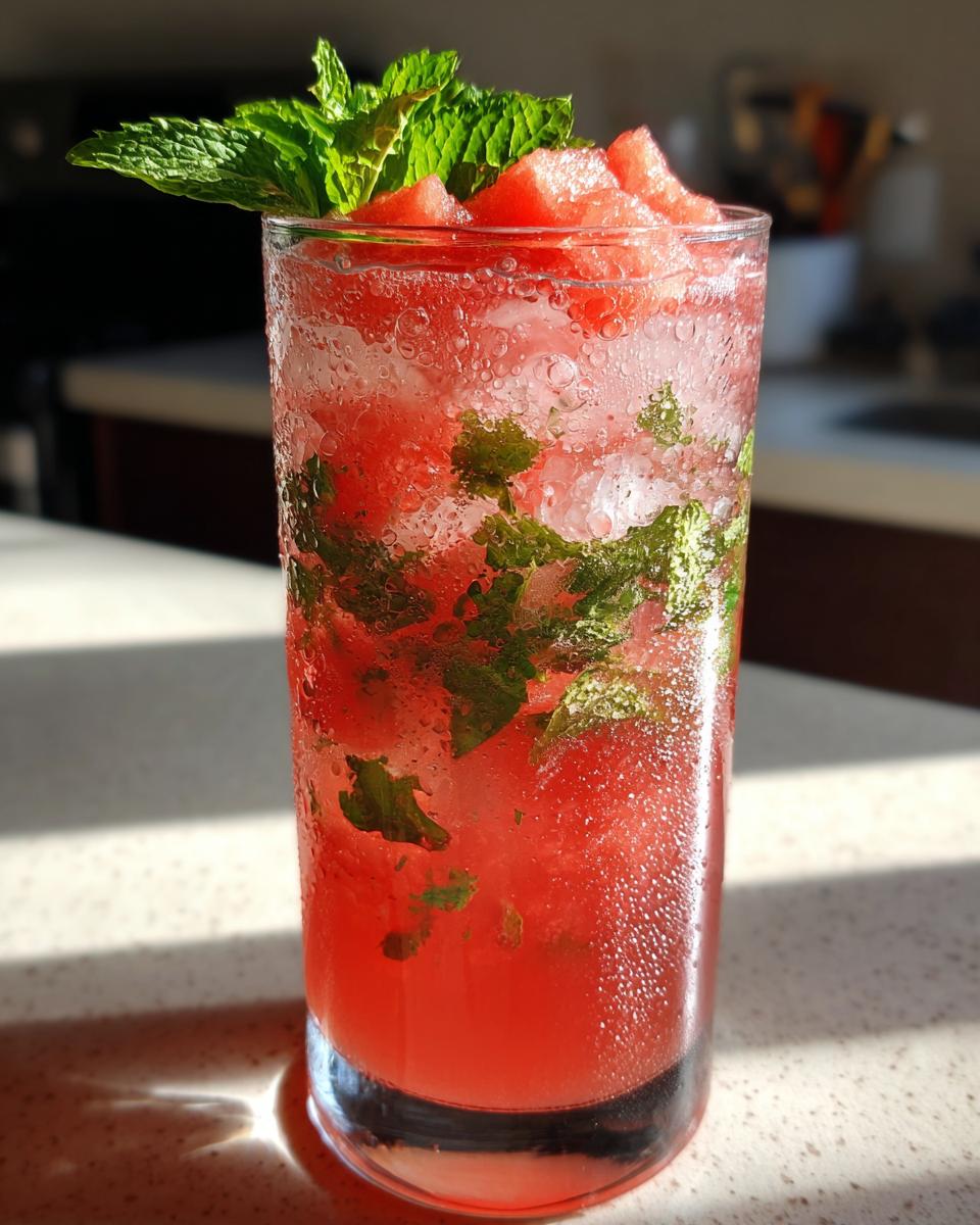 A tall, sweating glass filled with a vibrant red watermelon mint mojito, ice, mint leaves, and watermelon chunks.