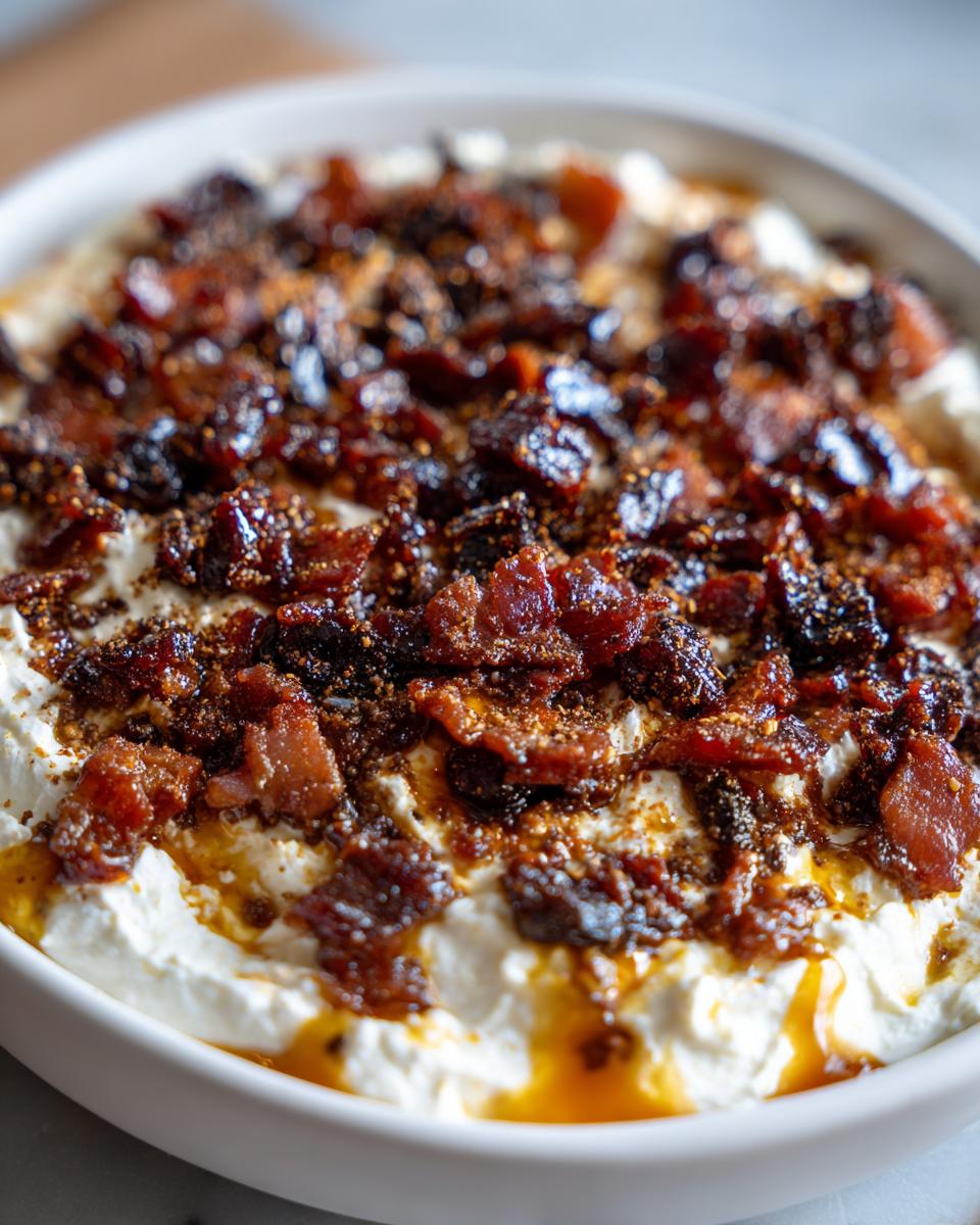 Close-up of creamy whipped feta dip topped generously with crispy bacon and sweet dates.
