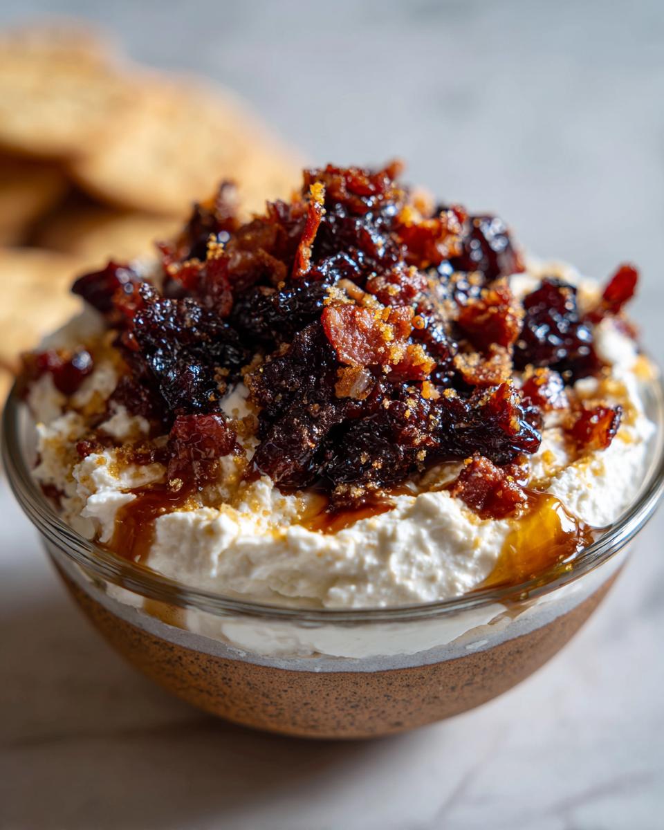 Close-up of whipped feta dip topped generously with bacon, dates, and a drizzle of syrup.