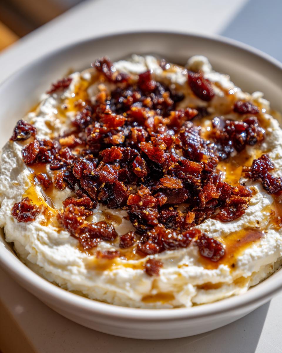 Close-up of creamy whipped feta dip topped generously with crispy bacon and dates, drizzled with honey.