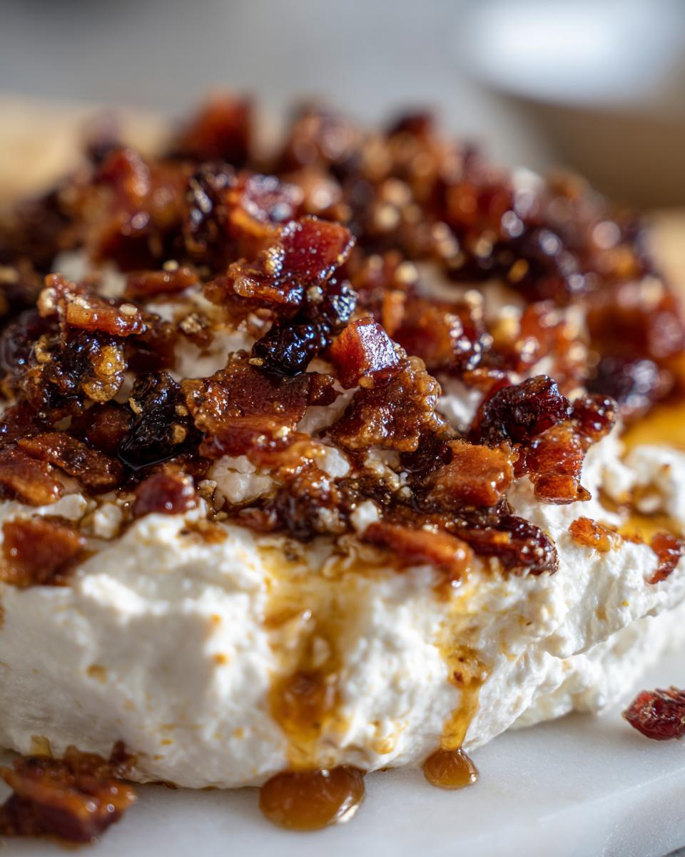 Close-up of creamy whipped feta dip topped generously with candied bacon and dates mixture.