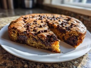 A freshly baked Chocolate Chip Cookie Cake on a white plate, with one wedge slice pulled out showing gooey melted chocolate.