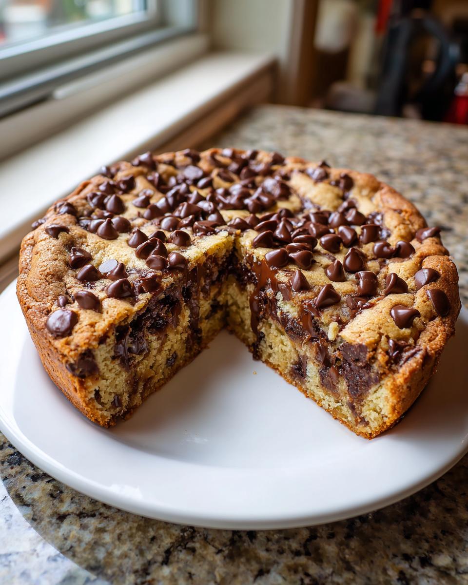 A freshly baked Chocolate Chip Cookie Cake with a slice removed, showing melted chocolate chips inside.