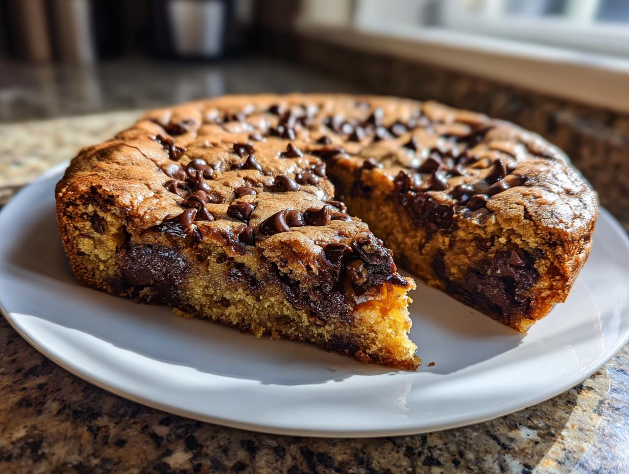 A freshly baked Chocolate Chip Cookie Cake on a white plate, with one wedge slice pulled out showing gooey melted chocolate.