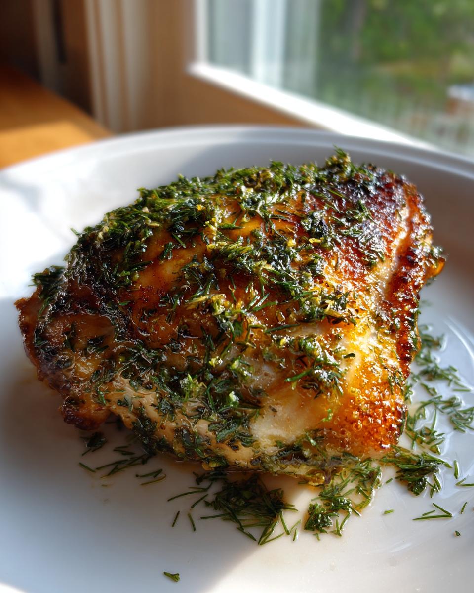 A perfectly cooked, golden brown baked chicken thigh generously topped with fresh spring herbs.