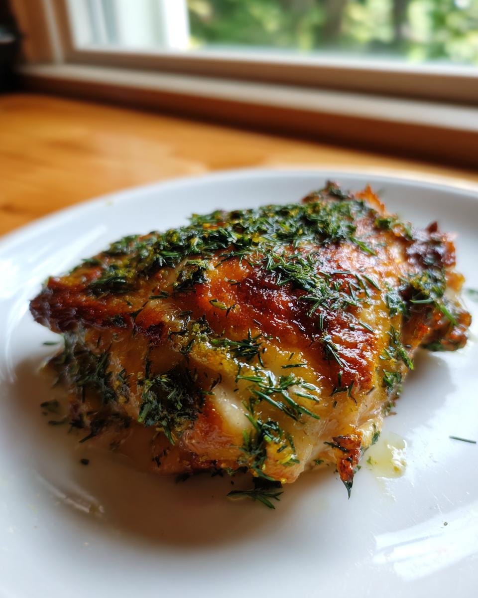Close-up of a perfectly golden Baked Chicken Thighs with Spring Herbs, glistening with juices and topped with fresh dill.