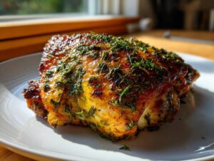 A close-up of a perfectly roasted Baked Chicken Thighs with Spring Herbs, featuring crispy, golden skin covered in green herbs.