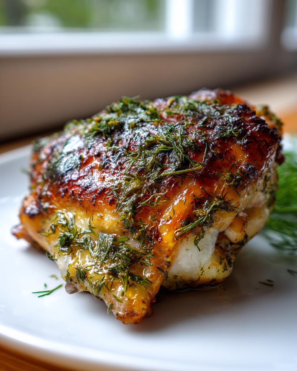 Close-up of a perfectly roasted Baked Chicken Thighs with Spring Herbs, featuring crispy, golden skin coated in green herbs.