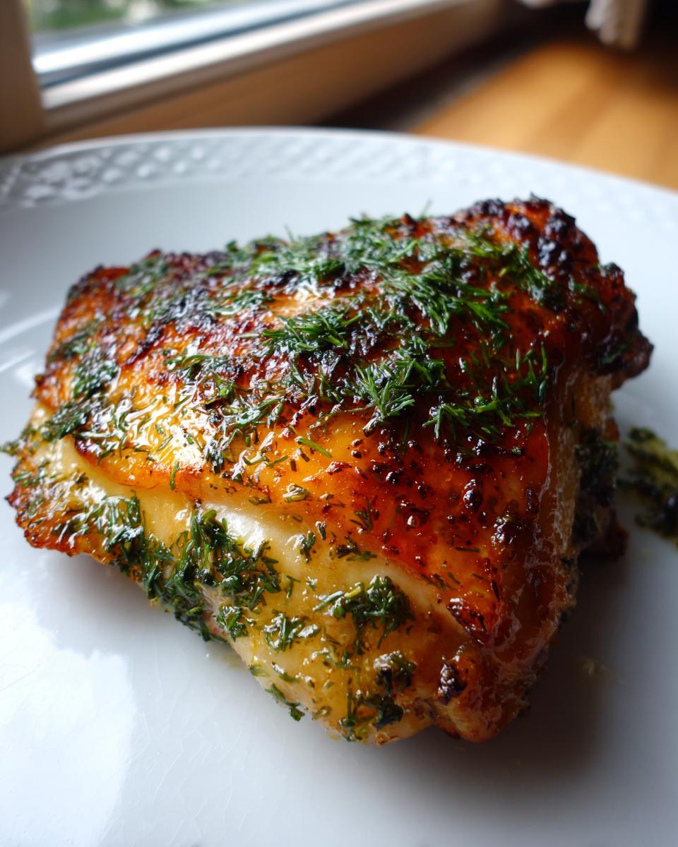 A close-up of a perfectly cooked Baked Chicken Thighs with Spring Herbs, featuring crispy, golden skin topped with fresh green dill.