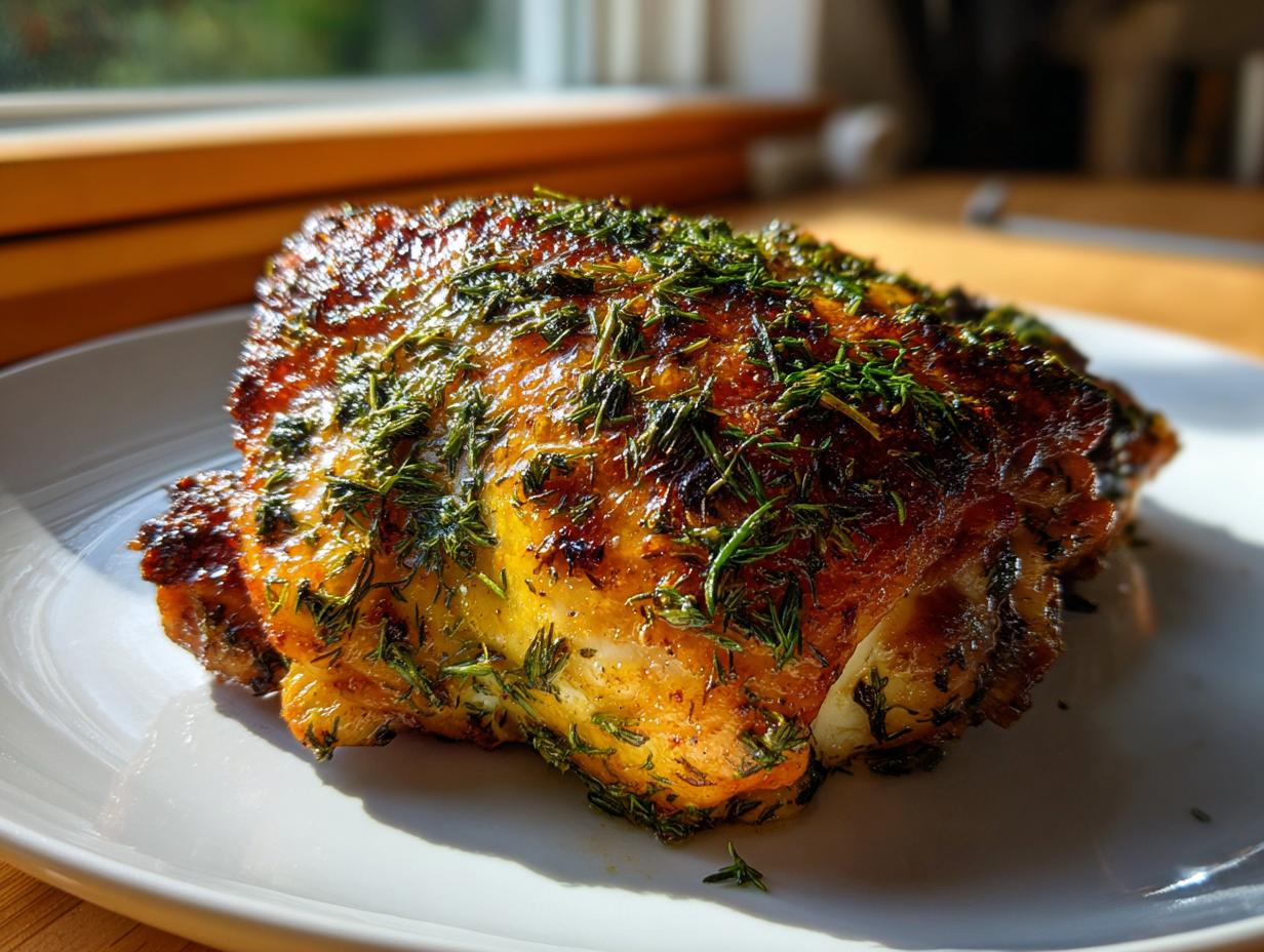A close-up of a perfectly roasted Baked Chicken Thighs with Spring Herbs, featuring crispy, golden skin covered in green herbs.
