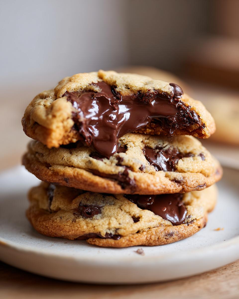 A stack of three Bakery Style Chocolate Chip Cookies with the top cookie broken open revealing gooey, melted chocolate.