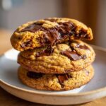 A stack of three thick Bakery Style Chocolate Chip Cookies with melted chocolate oozing from the top cookie.