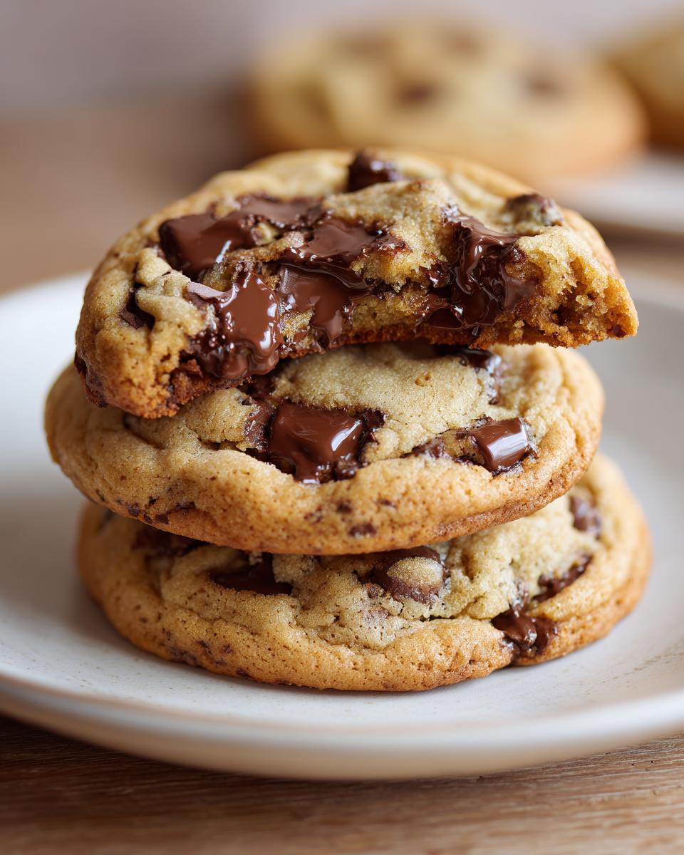 A stack of three Bakery Style Chocolate Chip Cookies, with the top one broken open revealing gooey, melted chocolate.
