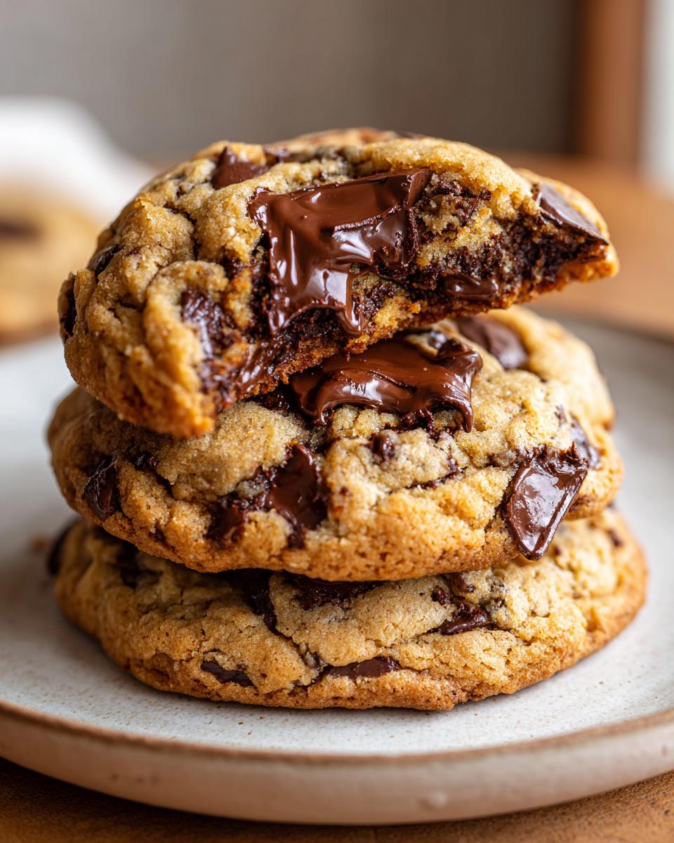 Close-up of a stack of three Bakery Style Chocolate Chip Cookies, with the top one broken open revealing gooey, melted chocolate.