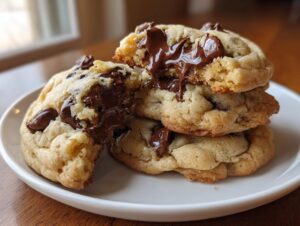 A stack of three gooey Bakery Style Chocolate Chip Cookies with melted chocolate oozing out of the broken top cookie.