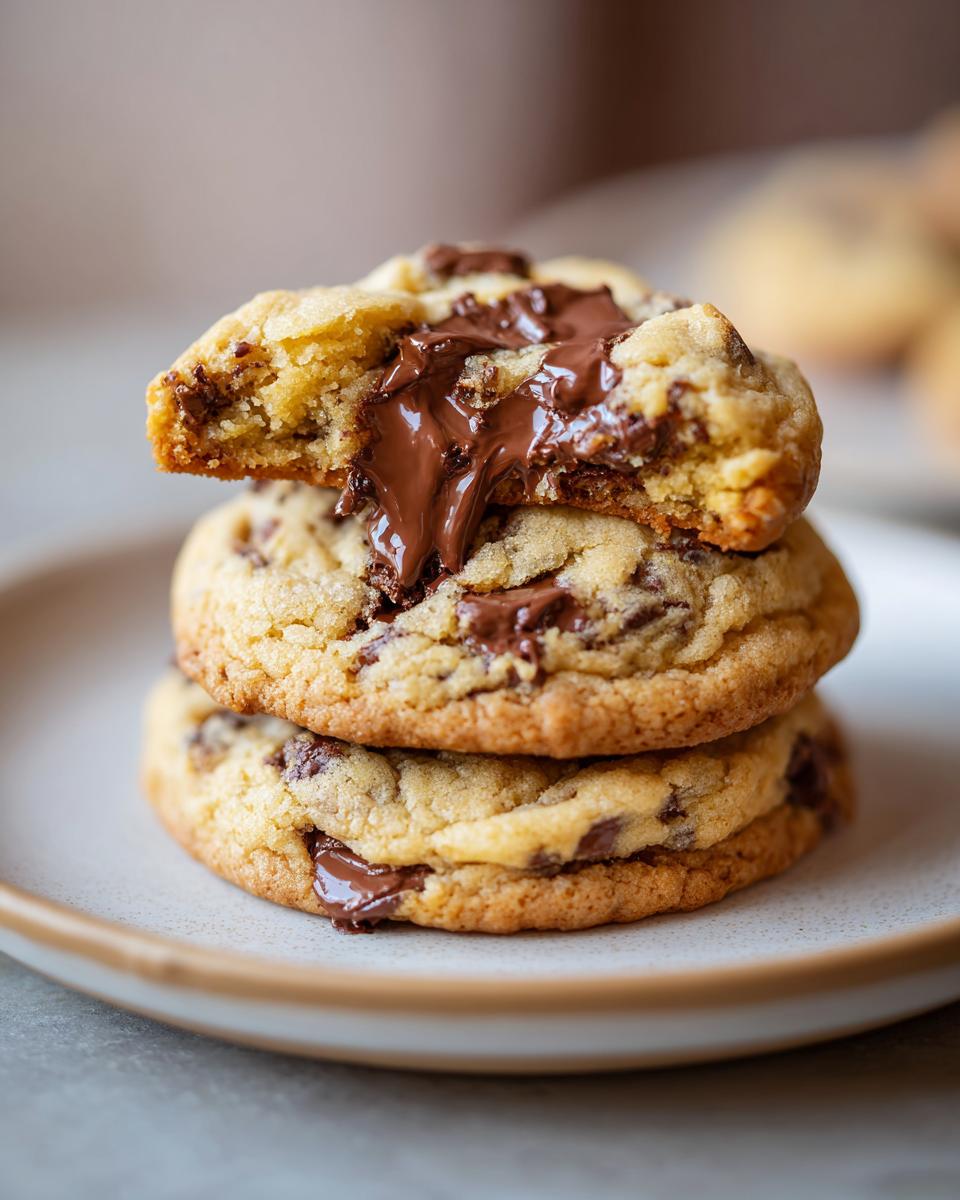 A stack of three Bakery Style Chocolate Chip Cookies, with the top one broken open revealing gooey, melted chocolate.
