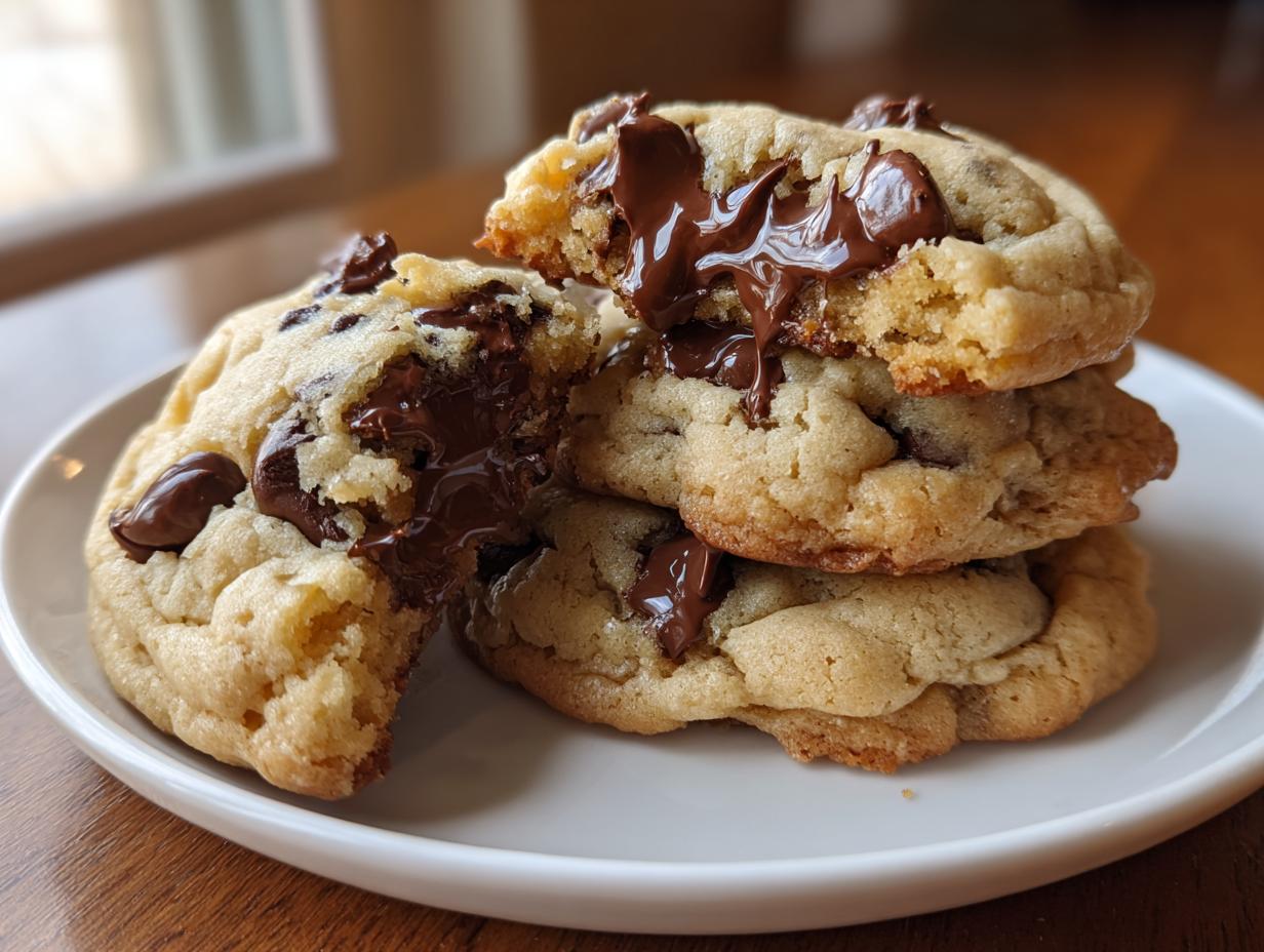 A stack of three gooey Bakery Style Chocolate Chip Cookies with melted chocolate oozing out of the broken top cookie.