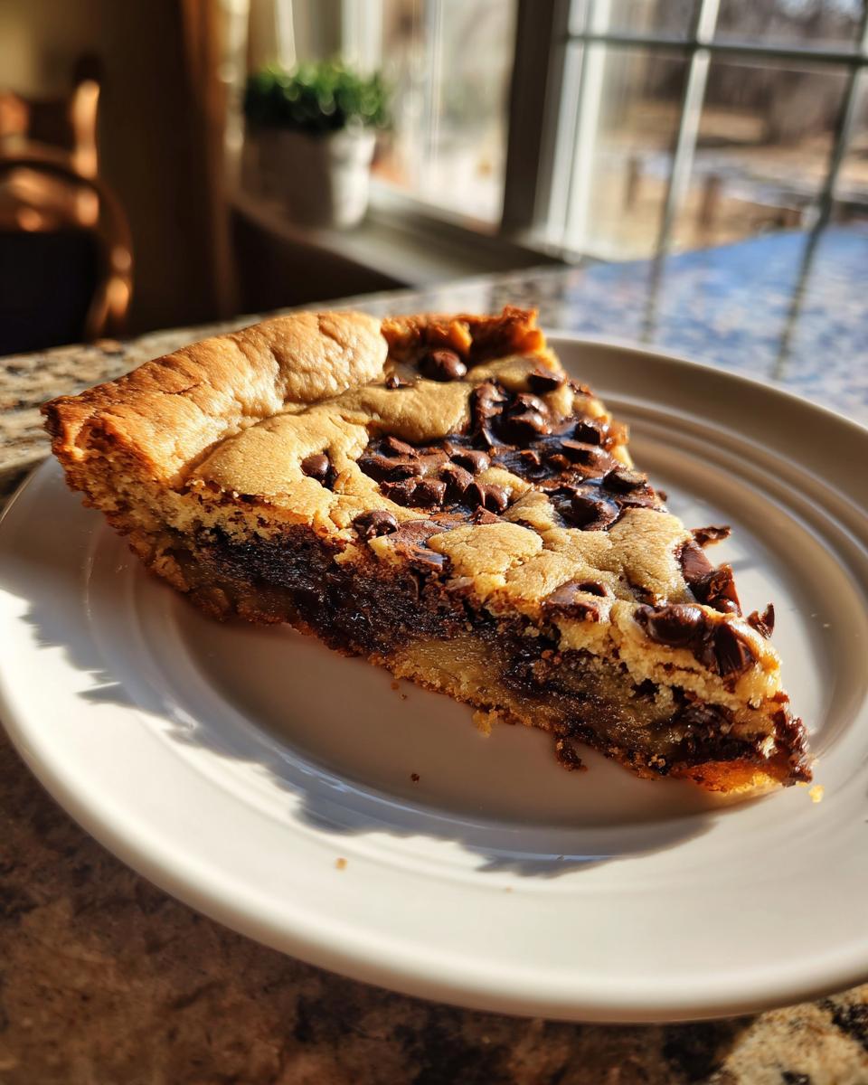 A thick slice of Chocolate Chip Cookie Cake with melted chocolate chips on a white plate.