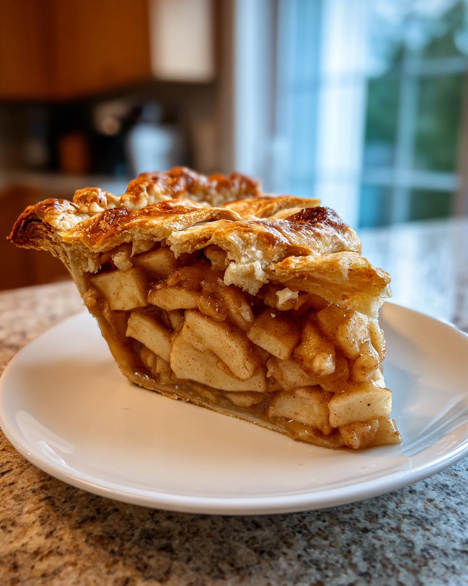 A close-up of a generous slice of Classic Homemade Apple Pie showing thick apple filling and a golden, flaky top crust.