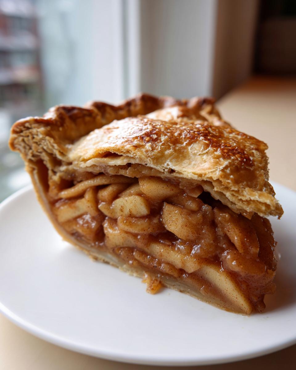 A close-up of a thick slice of Classic Homemade Apple Pie showing caramelized apple filling and a golden, flaky crust.