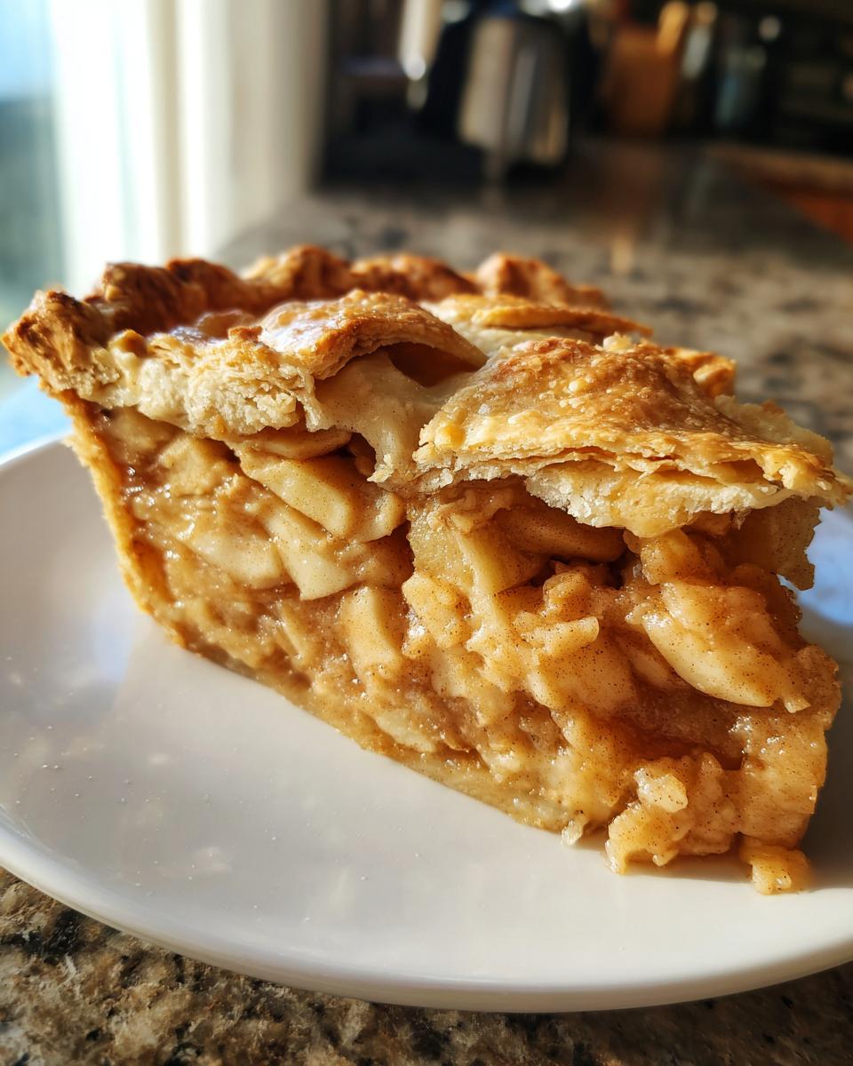 A close-up slice of Classic Homemade Apple Pie showing thick apple filling and a golden, flaky lattice crust.