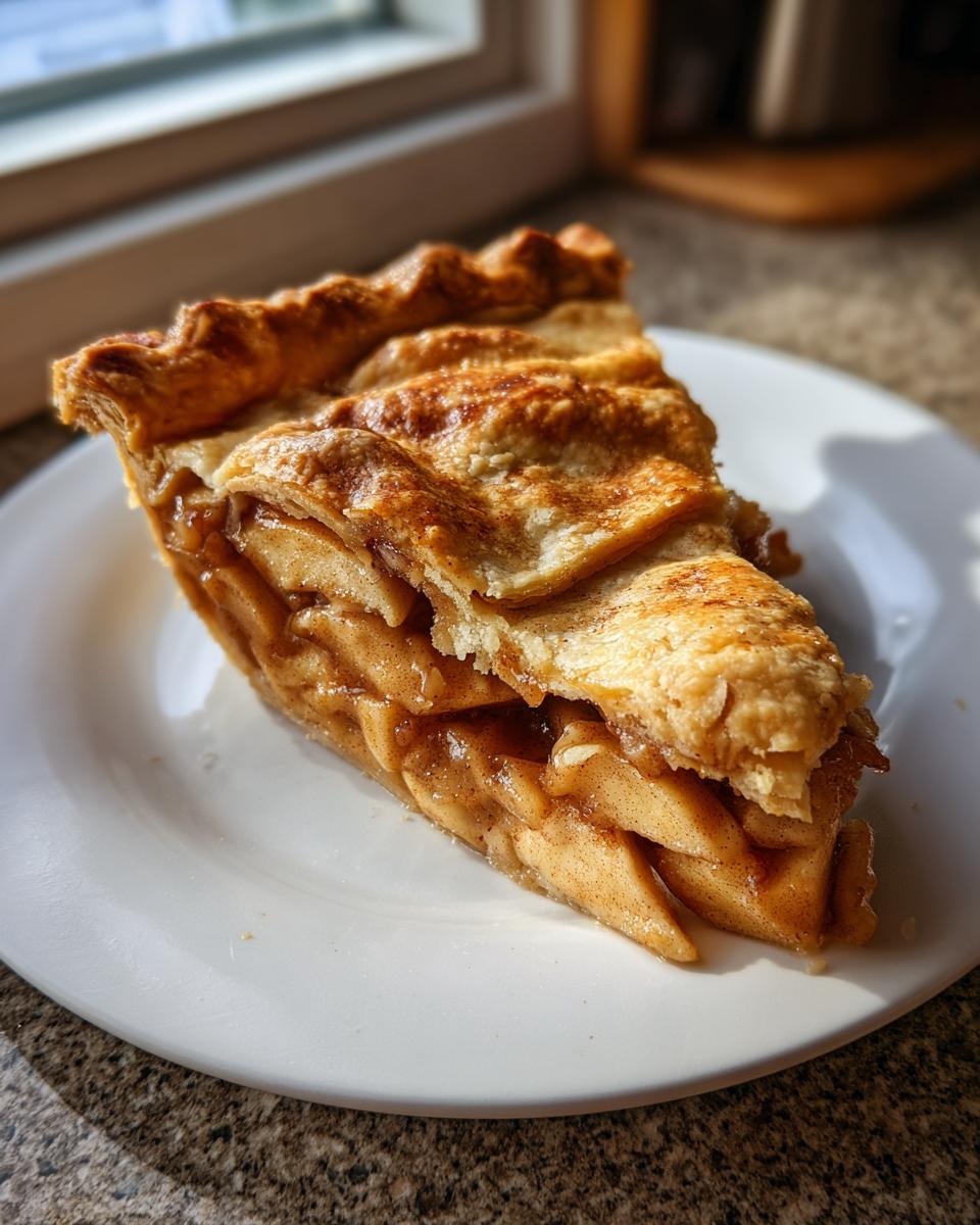 A perfect slice of Classic Homemade Apple Pie showing thick apple filling and a golden, flaky lattice crust on a white plate.