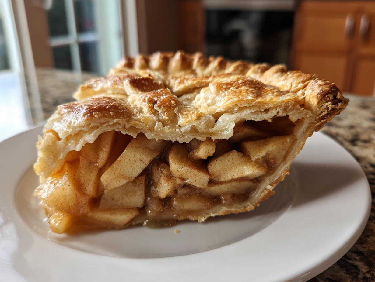 A close-up of a thick slice of Classic Homemade Apple Pie showing the flaky, golden crust and rich cinnamon apple filling.