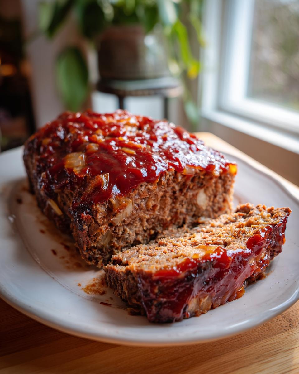 A loaf of Classic Homemade Meatloaf, partially sliced, covered in a shiny red glaze with visible onions.
