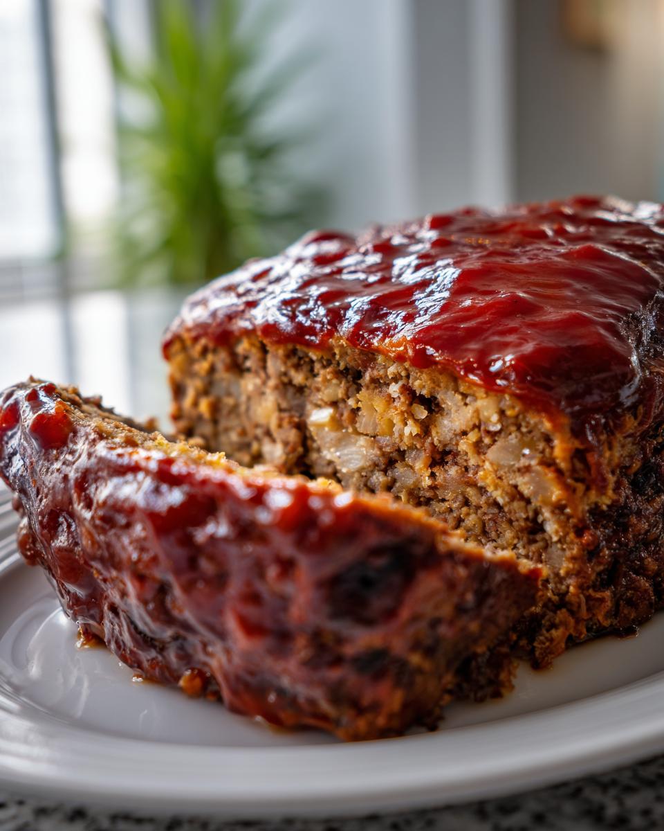 A close-up of a thick slice cut from a Classic Homemade Meatloaf, topped with a rich, glossy ketchup glaze.