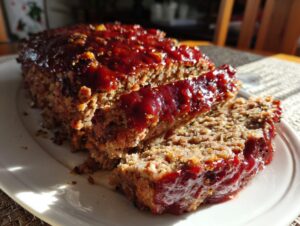 Close-up of a sliced Classic Homemade Meatloaf covered in a thick, shiny red glaze.