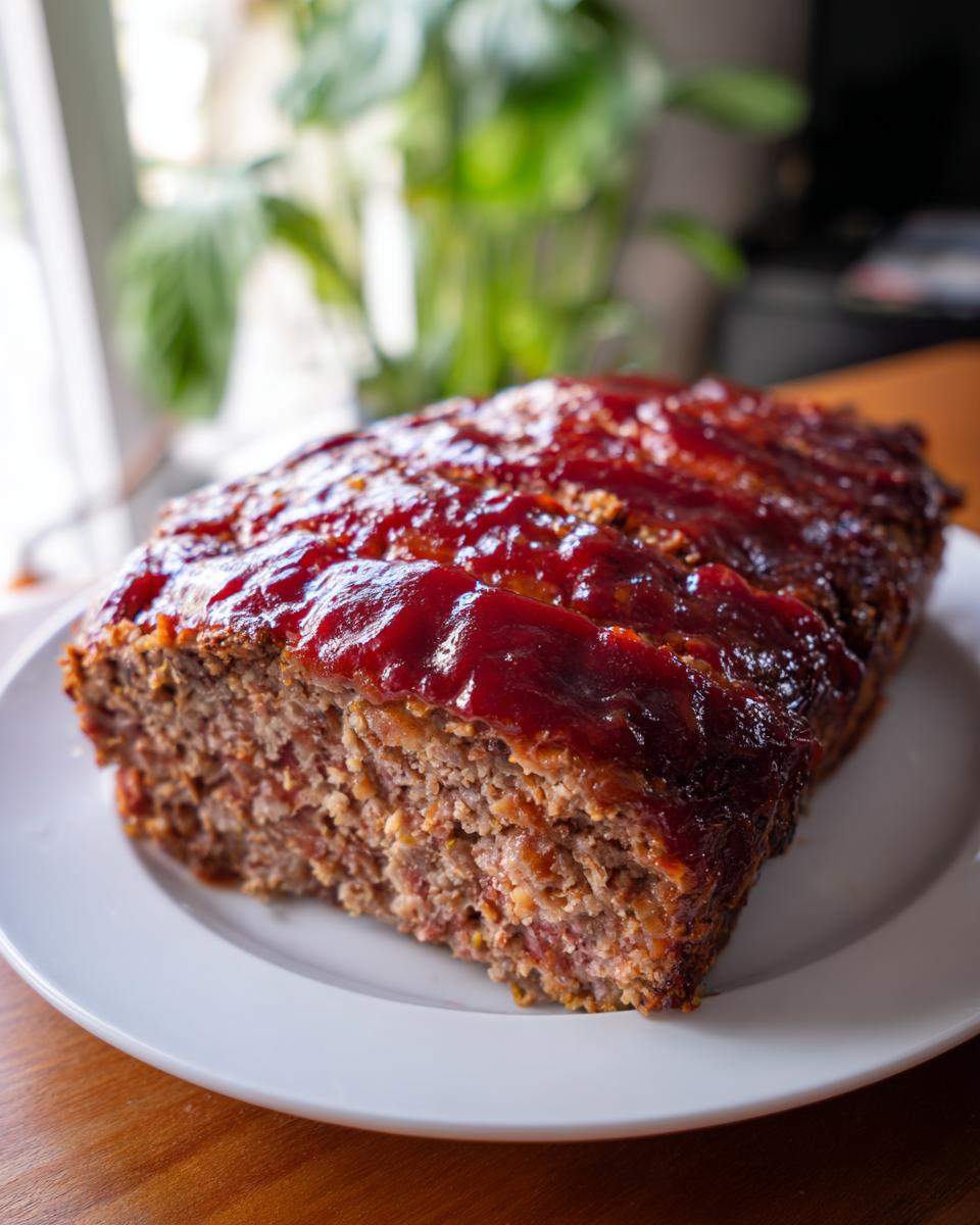 A freshly baked Classic Homemade Meatloaf, sliced to show the interior texture, topped with a thick, shiny red glaze.
