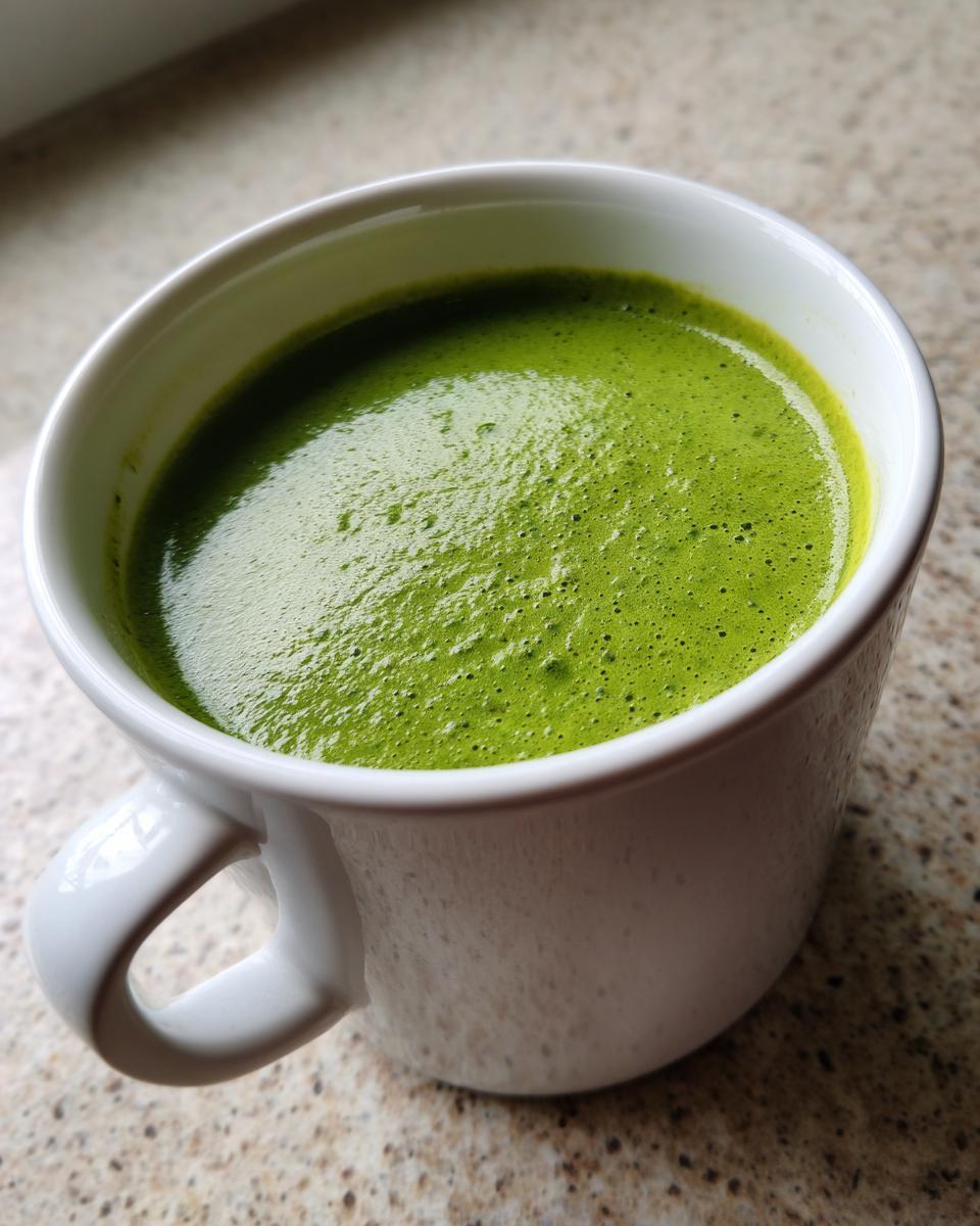 Close-up of bright green, creamy asparagus soup with a slight froth, served in a white mug.