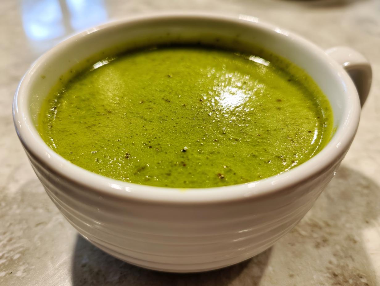 A close-up of vibrant green, creamy asparagus soup served in a white, ribbed mug or bowl.