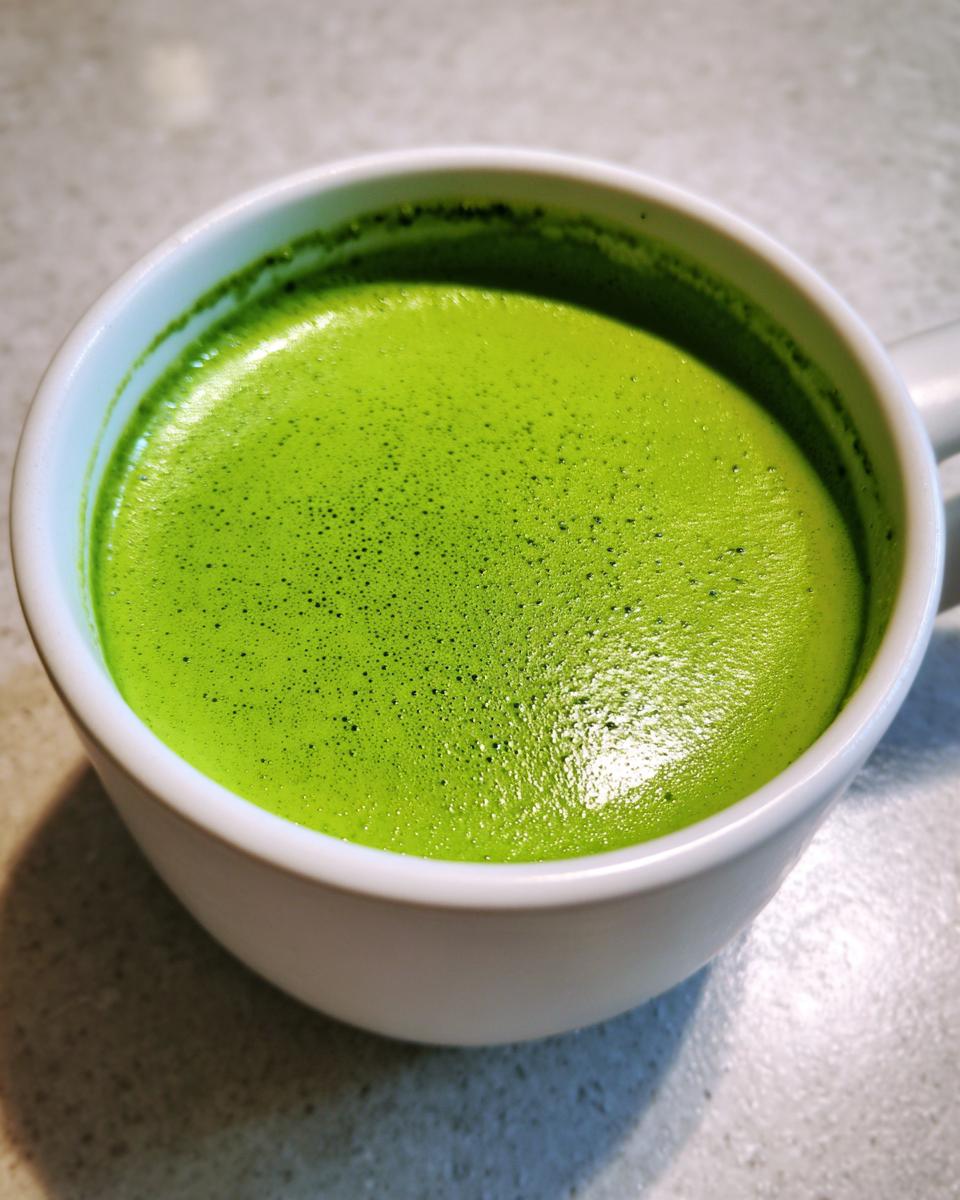 Close-up of vibrant green Creamy Asparagus Soup with a frothy top served in a white mug.
