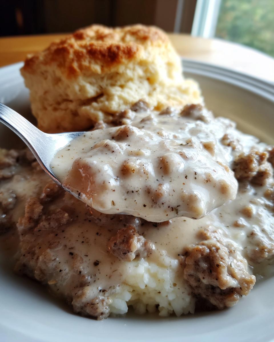 A close-up of a spoonful of creamy Sausage Gravy and Biscuits, showing rich sausage chunks and black pepper.