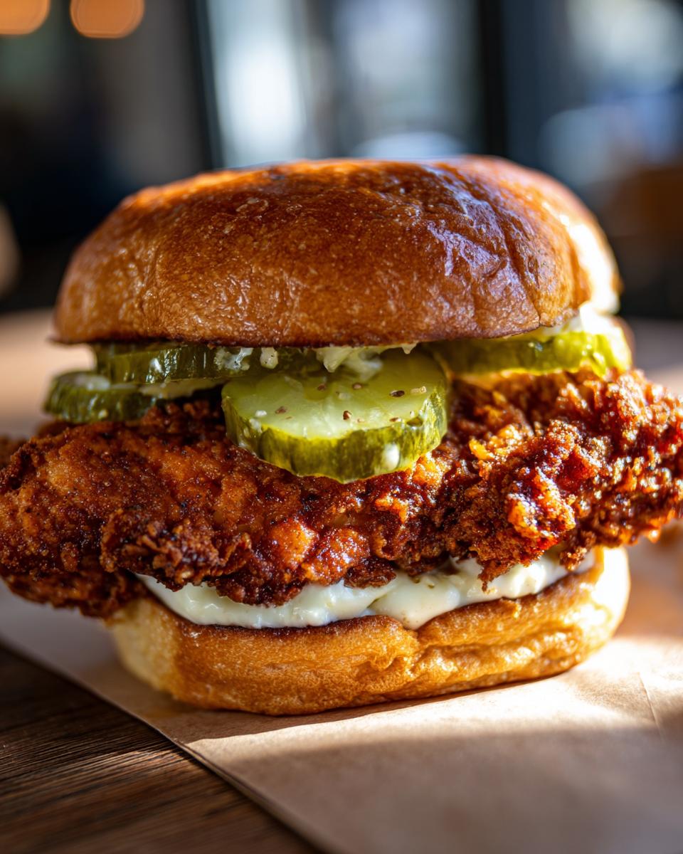 A close-up of a delicious Crispy Fried Chicken Sandwich featuring a thick, dark-crusted patty, pickles, and creamy sauce on a brioche bun.