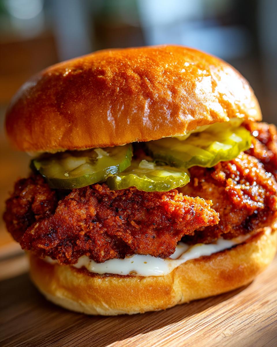 A close-up, appetizing shot of a Crispy Fried Chicken Sandwich featuring a thick, dark-crusted chicken fillet, pickles, and sauce on a brioche bun.