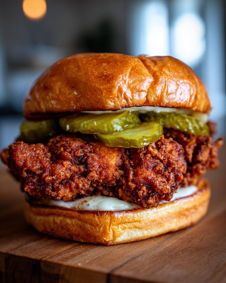 Close-up of a delicious Crispy Fried Chicken Sandwich with pickles and sauce on a wooden board.