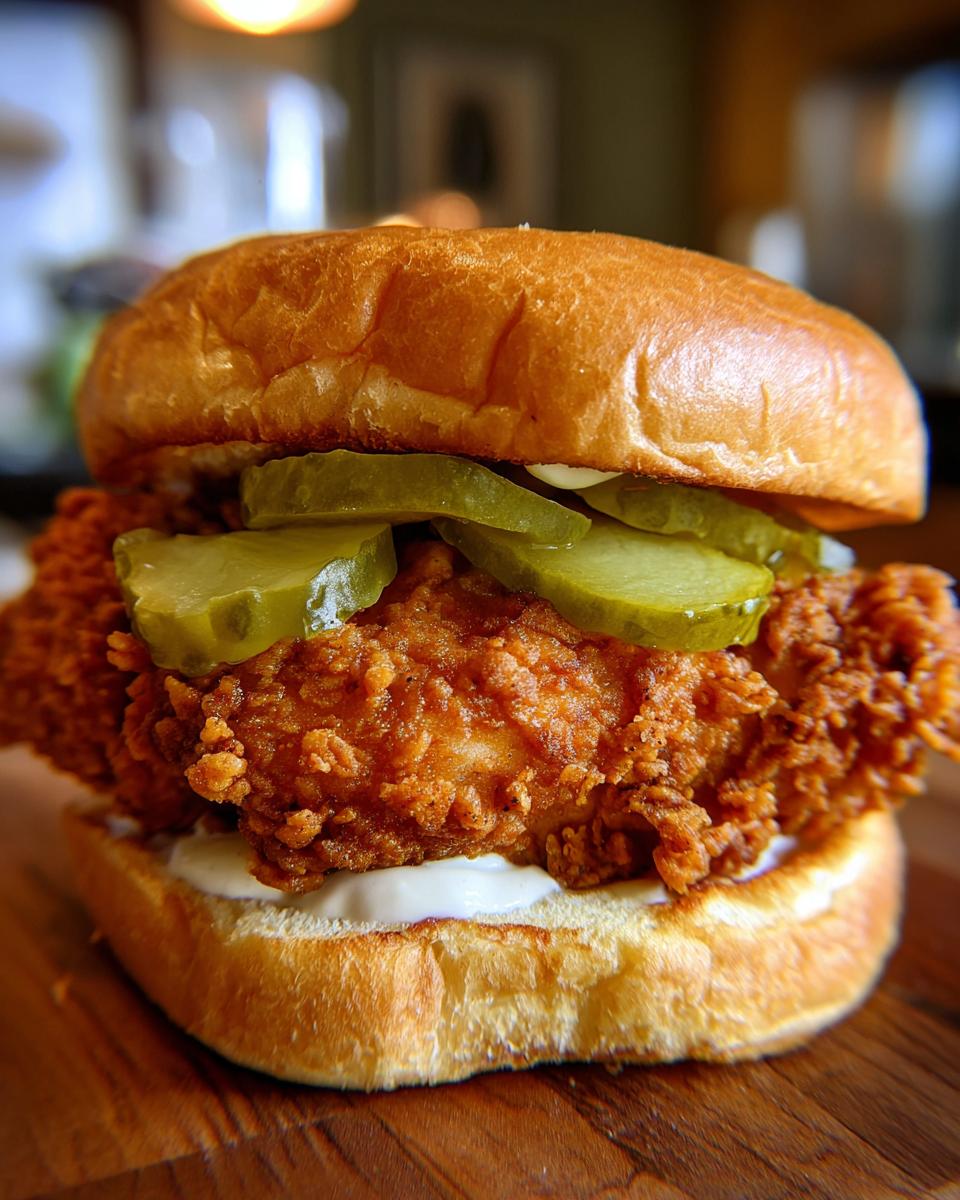 A close-up view of a delicious Crispy Fried Chicken Sandwich featuring a thick, golden-brown fillet, pickles, and mayo on a brioche bun.