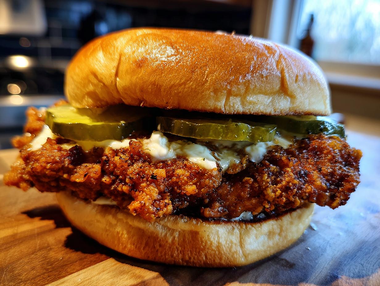 Close-up of a juicy Crispy Fried Chicken Sandwich featuring thick, crunchy coating, pickles, and sauce on a toasted brioche bun.