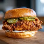 A mouthwatering Crispy Fried Chicken Sandwich featuring a thick, craggy fried fillet, pickles, and sauce on a brioche bun.