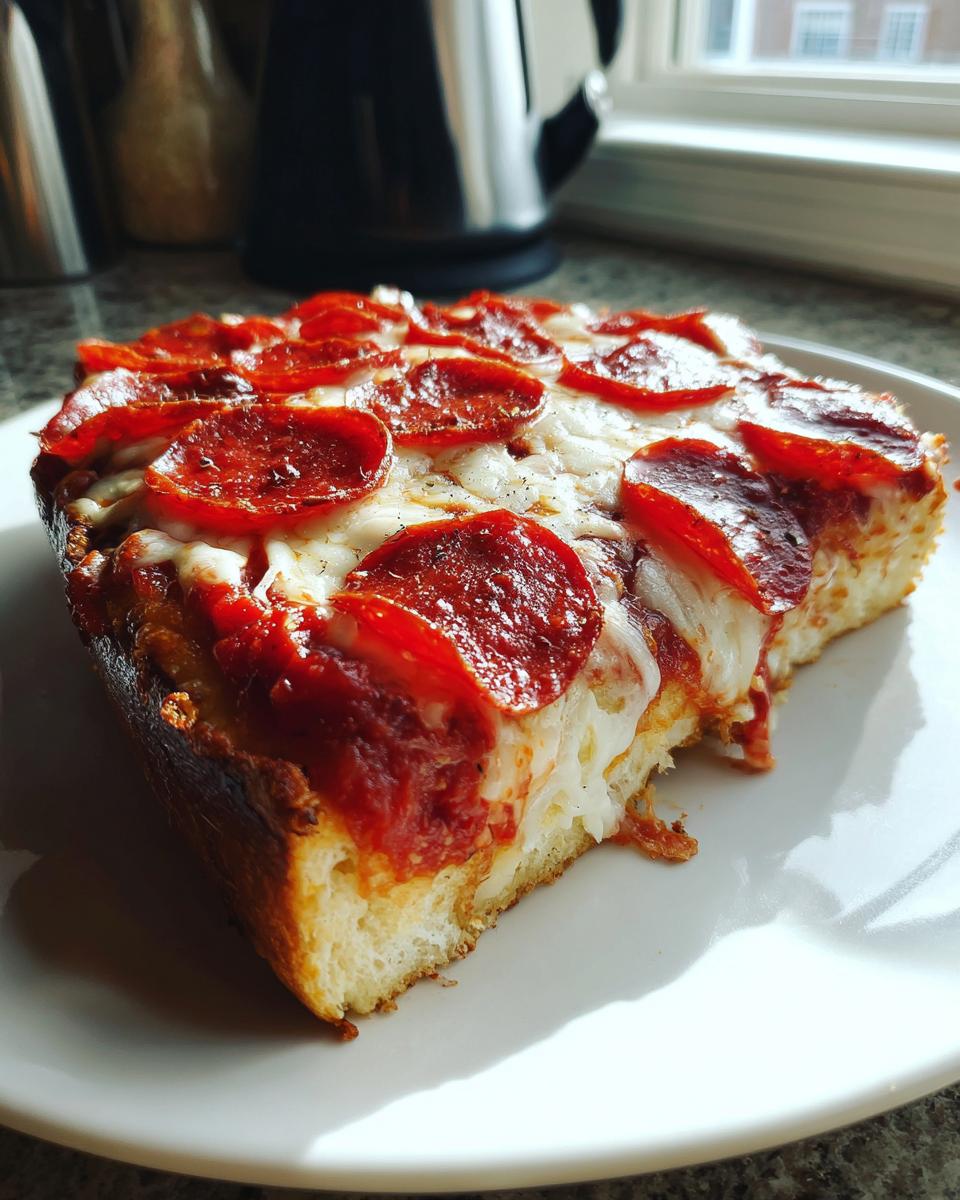 Close-up of a thick slice of Deep Dish Pepperoni Pizza with melted cheese and crispy pepperoni.