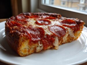 A thick slice of Deep Dish Pepperoni Pizza showing a crispy, caramelized crust and melted cheese pull.
