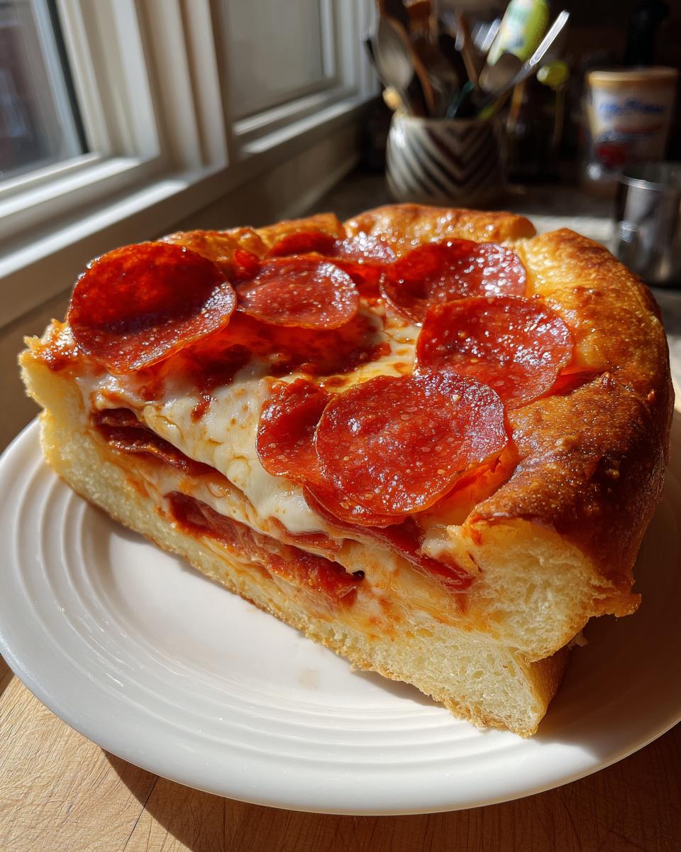 A thick, tall slice of Deep Dish Pepperoni Pizza showing layers of crust, cheese, and pepperoni.