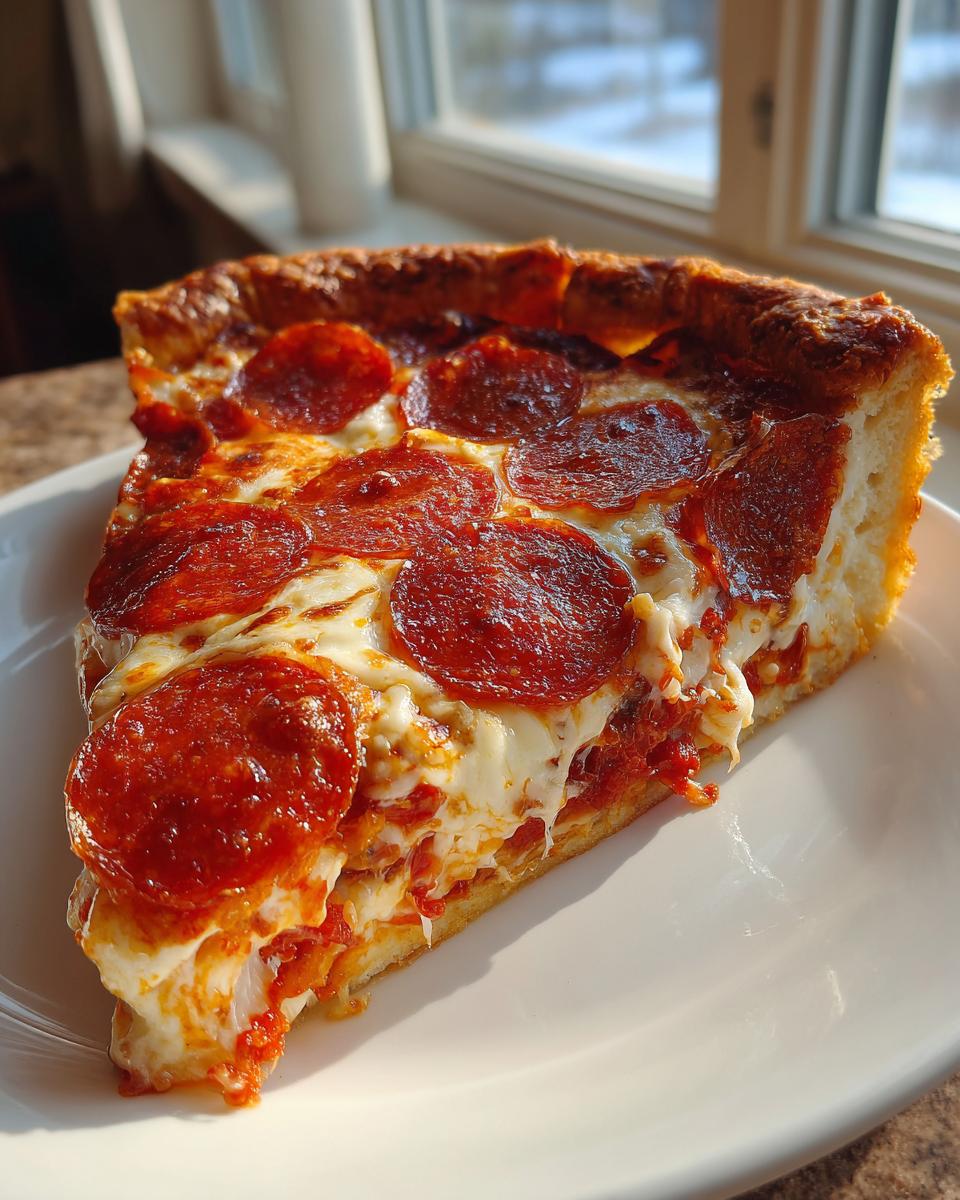 A thick, cheesy slice of Deep Dish Pepperoni Pizza with crispy edges sits on a white plate near a window.