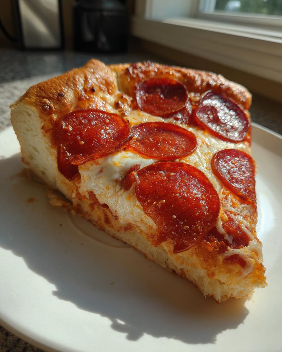A thick slice of Deep Dish Pepperoni Pizza showing a tall, fluffy crust, melted cheese, and crispy pepperoni.