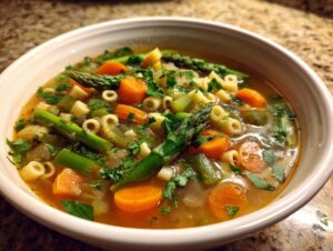 A close-up, featured image of a bowl filled with vibrant Spring Vegetable Minestrone soup, showing carrots, asparagus, and pasta.